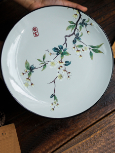 中式赏盘陶瓷装饰盘子客厅摆盘坐盘，摆件圆盘家用瓷盘挂盘墙饰支架