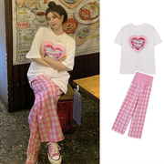 孕妇装夏季套装纯棉爱心上衣韩版休闲运动粉色棋盘格托腹裤两件套