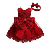 女童礼服裙蓬蓬公主裙女孩，周岁配头饰礼物红色，儿童女宝宝连衣裙夏