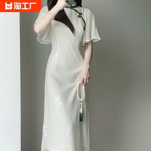 白色雪纺绣花倒大袖旗袍2024年夏季新中式国风少女温婉淑女连衣裙