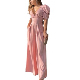 粉红色性感低胸v领修身高腰，露背系带泡泡短袖连体长裤女jumpsuit
