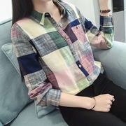 春季女装韩版批发复古学生，打底长袖衬衣文艺清新格子棉麻衬衫