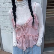 韩国chic春季减龄复古小众设计感气质，叠穿木耳边吊带雪纺系带衬衫