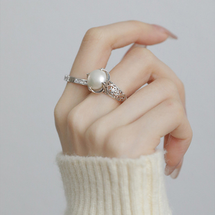 s925纯银珍珠镂空戒指女2023年小众设计感时尚个性开口食指戒