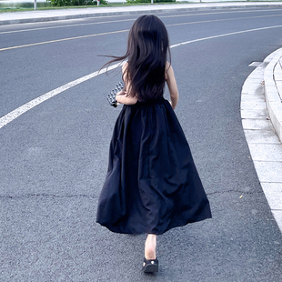 女童连衣裙夏季儿童小黑裙休闲针织长裙女大童洋气时髦无袖裙子潮