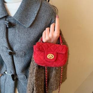 菱格链条红色包包，女2024潮时尚手提小方，包小香风单肩斜挎包
