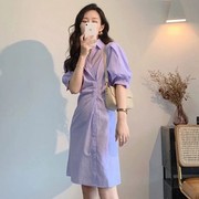 紫色polo领衬衫格子连衣，裙子收腰显瘦别致独特法式气质夏季4438