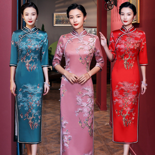 老上海传统侧八扣真丝旗袍2024年春季长款复古走秀演出中国风