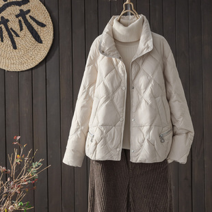 冬季立领白鸭绒羽绒服女款2023年韩版菱格休闲防风纯色短外套