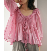 vimie春夏衬衣法式宽松苎麻粉色，衬衫女士灯笼，袖纯色套头上衣
