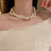 法式复古新娘项链珍珠，短款多层锁骨链气质百搭颈链婚纱礼服饰
