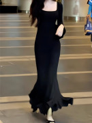 鱼尾长裙秋冬季女装，2023黑色赫本风气质，连衣裙子高级感包臀裙