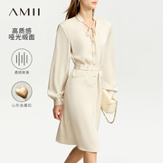 Amii新中式连衣裙女2024春季立领绑带心形扣配腰带灯笼袖裙子
