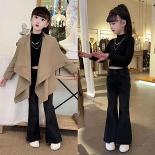 女童春秋新款韩版时髦大披肩风衣外套洋气牛仔微喇中大童裤套装潮