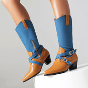 大码秋冬季女鞋蓝色，牛仔布拼接交叉皮带扣粗高跟不过膝长筒靴