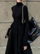 深秋女土连衣裙黑色显瘦超长裙到脚踝35岁到45的连衣裙高领打底裙