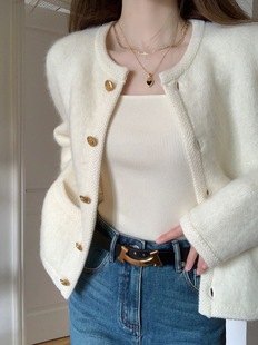 法式小香风白色短款外套，2023秋冬针织，开衫高级感女士外搭上衣