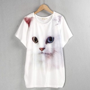 4557蝙蝠袖t恤大版棉质，甜美猫咪可爱印花中长t宽松透气运动小衫