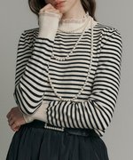 韩国直邮maxza高领，横条纹蕾丝袖口荷叶领针织衫