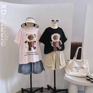 品牌童装2024夏装女童韩版洋气，立体花边小熊，印花休闲短袖t恤