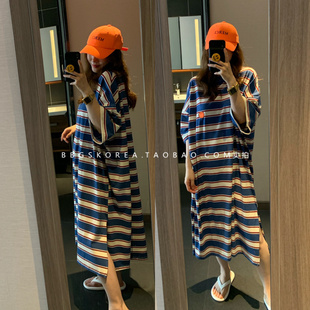 设计款韩国2024夏季新橙色(新橙色)蓝色条纹，大码宽松长款t恤式连衣裙