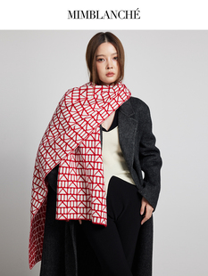mimblanche新年红色m提花，羊毛大围巾，女士保暖披肩针织围脖