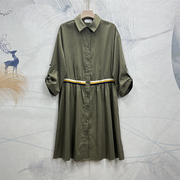 军绿色翻领长袖衬衫连衣裙2022年秋季小众设计感时尚气质长裙