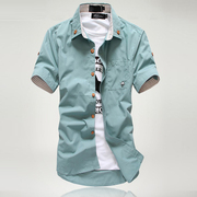 夏装短袖衬衫潮男式韩版修身小蘑菇糖果色，半袖衬衣男士寸衣浅绿色