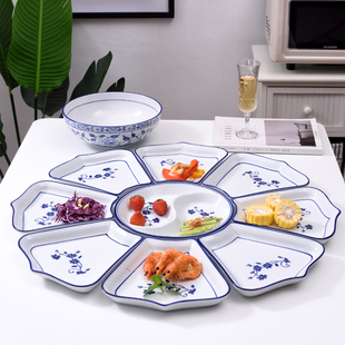 网红同款陶瓷菜盘子套装，圆桌团圆圆形创意，青花瓷家用拼盘餐具组合