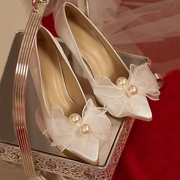 白色婚纱鞋结婚鞋子新娘高跟鞋女细跟婚鞋2022年水晶鞋法式春