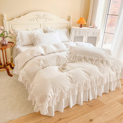 高档韩式斜纹全棉四件套纯白色公主风床单纯棉被套1.8m床裙式床上