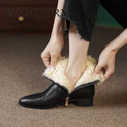 tatalory女鞋纯羊毛加绒加厚保暖短靴子尖头切尔西靴侧拉链粗跟