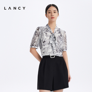 LANCY/朗姿夏季轻薄短袖飘带印花衬衫女法式显瘦通勤高级感衬衣女