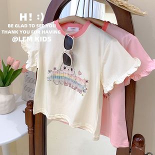 新韩版童装夏季女童甜美立体网纱装饰兔子卡通花边，袖短袖t恤