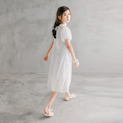 2023女童公主裙夏季儿童，韩版洋气一字领蕾丝，连衣裙珍珠蕾丝裙