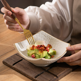 日式粗陶餐具家用陶瓷甜品碗沙拉碗创意网红复古吃饭好看个性饭碗