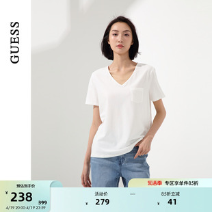 GUESS24年夏季女士经典设计口袋纯色V领短袖T恤-Q4PI31K2Q40