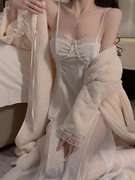 法式蕾丝花边法兰绒睡袍，性感吊带睡裙，套装长款冬季保暖睡衣家居服