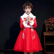 新年红色喜庆儿童汉服中国风女童冬季唐装连衣裙拜年服童装