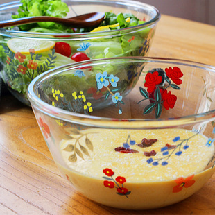 花朵耐热透明玻璃碗可爱家用烘焙沙拉泡面碗微波炉烤箱蒸箱用套装