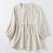 高端亚麻棉麻衬衫，女薄夏季2024大码娃娃衫中袖，七分袖苎麻上衣