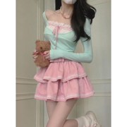 春季套装纯欲风少女薄荷绿显瘦上衣+粉色蕾丝蛋糕裙蓬蓬裙两件套