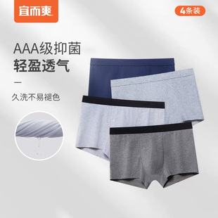 宜而爽40支纯棉男士，内裤棉氨抑菌内裆透气大码青年平角内裤4条装t