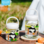 迪乐贝尔迷你熊猫图案，玻璃杯可爱小巧提手便携学生水杯随身杯子