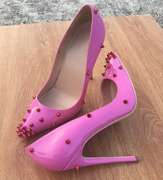 欧美粉红色铆钉高跟鞋尖头细跟性感浅口单鞋宴会女鞋