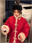 红色民族风拜年羽绒棉服女冬短款中国风棉袄汉服结婚棉衣外套复古