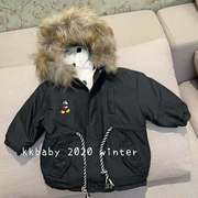 kkbaby韩版童装20冬男女童洋气保暖毛领，连帽波点两面穿鸭绒羽绒服