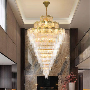 2024复式楼水晶大吊灯客厅，简约现代个性，别墅奢华挑空餐厅灯具