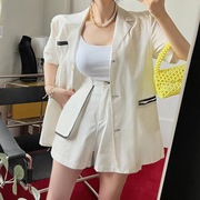 韩国chic时尚西装短裤亚麻夏季休闲薄款显瘦短袖外套两件套装