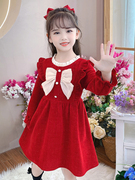 儿童裙子秋冬季2023女童连衣裙网红小女孩洋气冬装装冬款红色